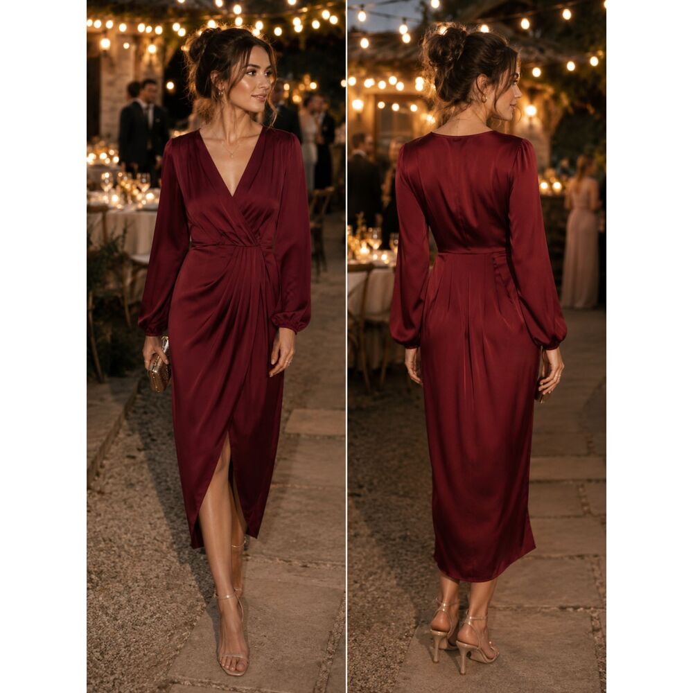Burgundy Satin Wrap Maxi Dress Long Sleeve Twist Front Draped V-Neck L